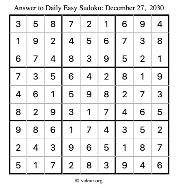 Answer to easy sudoku December 27, 2030