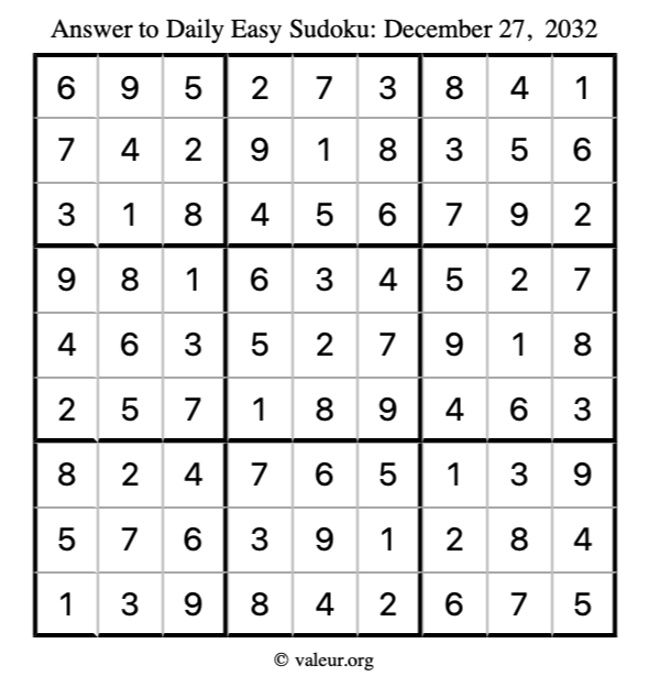 Answer to easy sudoku December 27, 2032