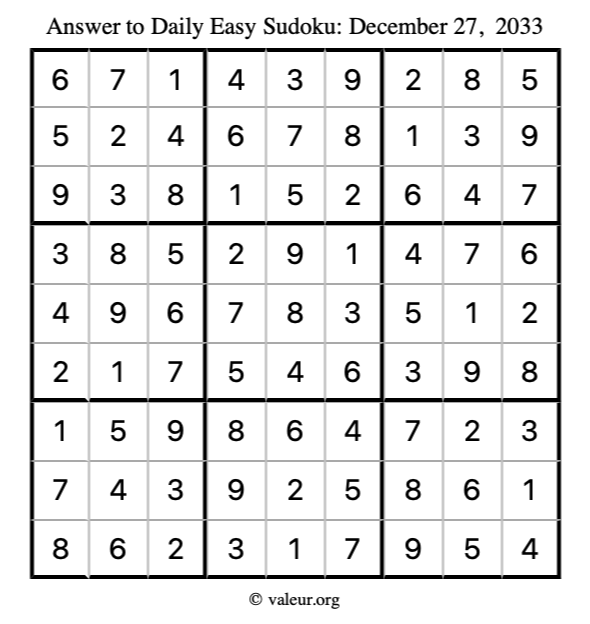 Answer to easy sudoku December 27, 2033