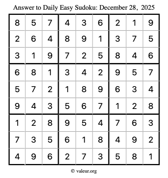 Answer to easy sudoku December 28, 2025