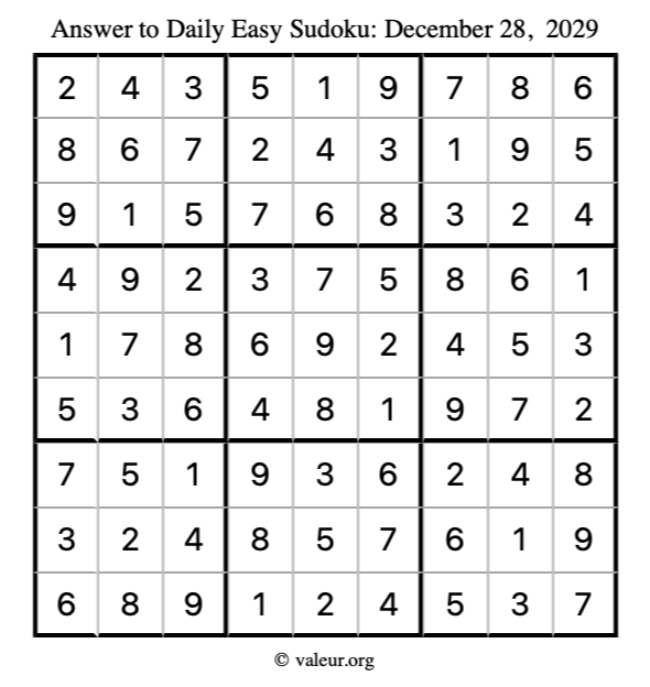 Answer to easy sudoku December 28, 2029