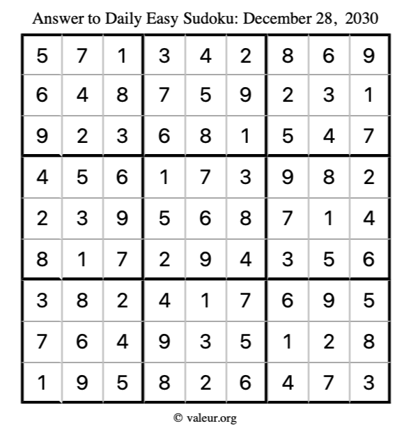Answer to easy sudoku December 28, 2030
