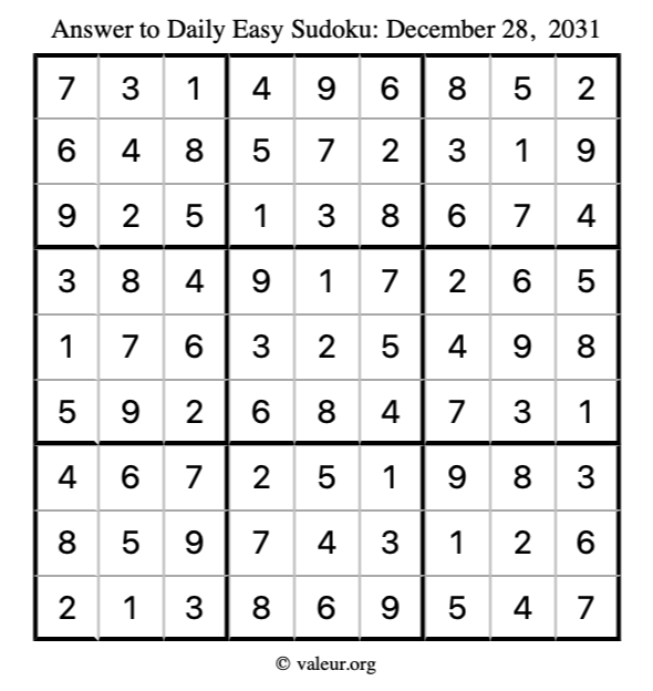 Answer to easy sudoku December 28, 2031