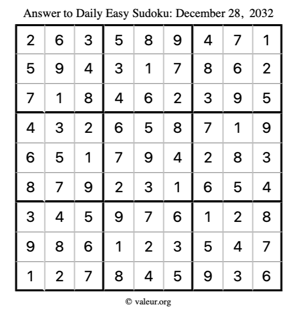 Answer to easy sudoku December 28, 2032