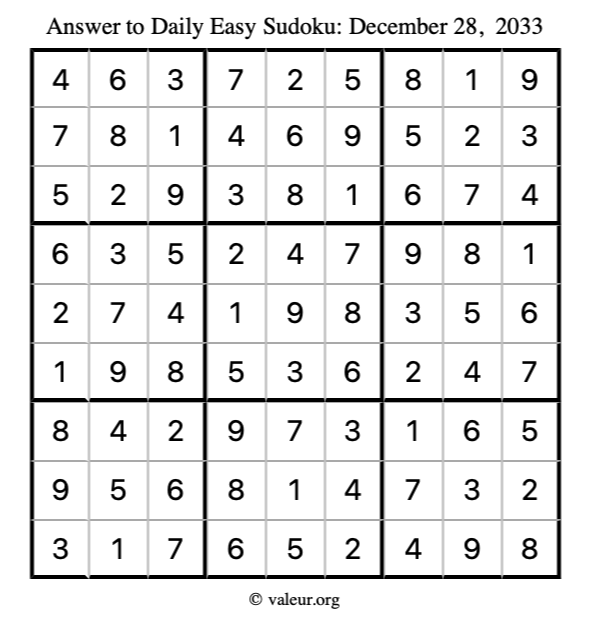 Answer to easy sudoku December 28, 2033