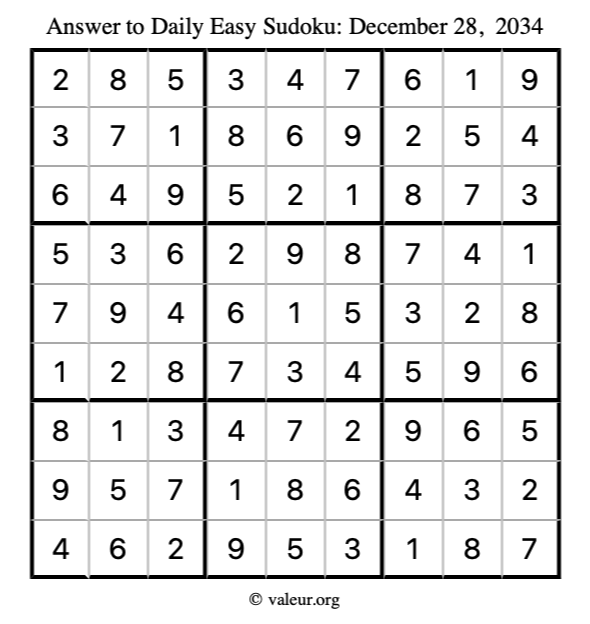 Answer to easy sudoku December 28, 2034