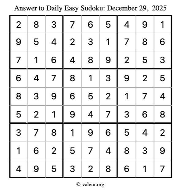 Answer to easy sudoku December 29, 2025