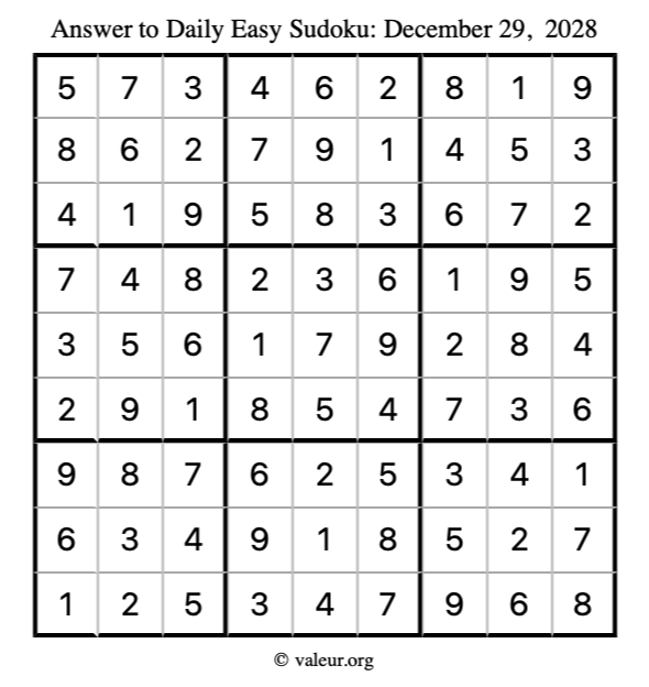 Answer to easy sudoku December 29, 2028