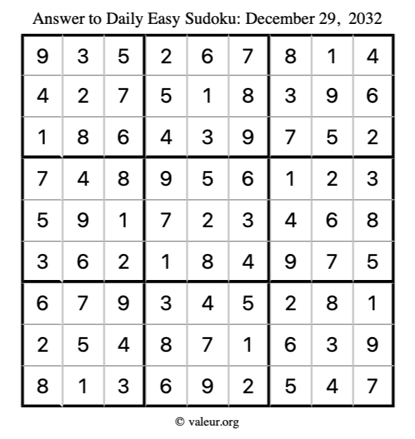 Answer to easy sudoku December 29, 2032