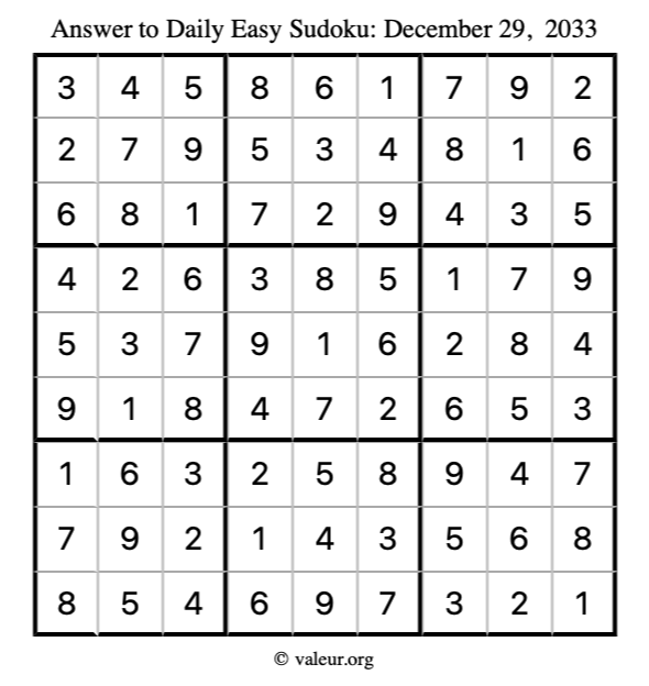 Answer to easy sudoku December 29, 2033
