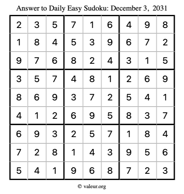 Answer to easy sudoku December 3, 2031