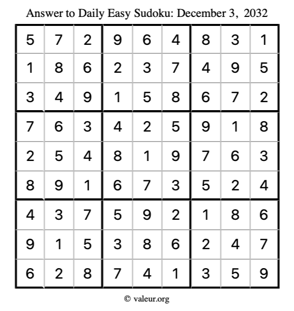 Answer to easy sudoku December 3, 2032