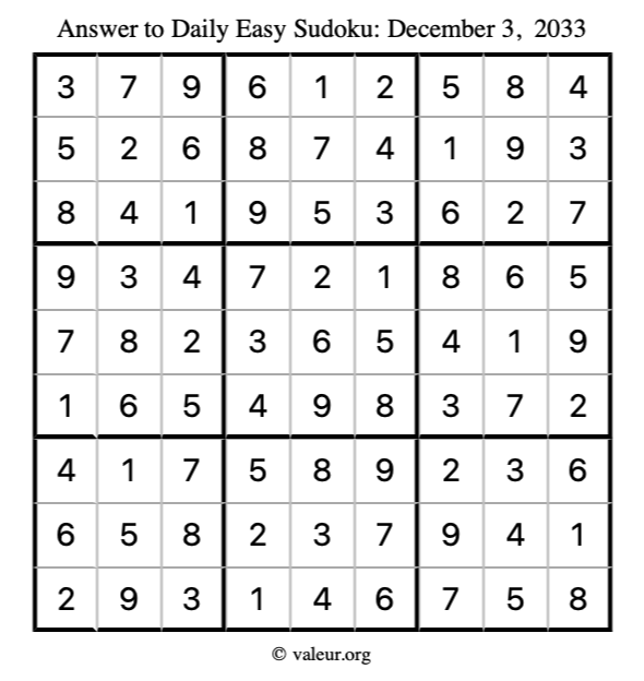 Answer to easy sudoku December 3, 2033