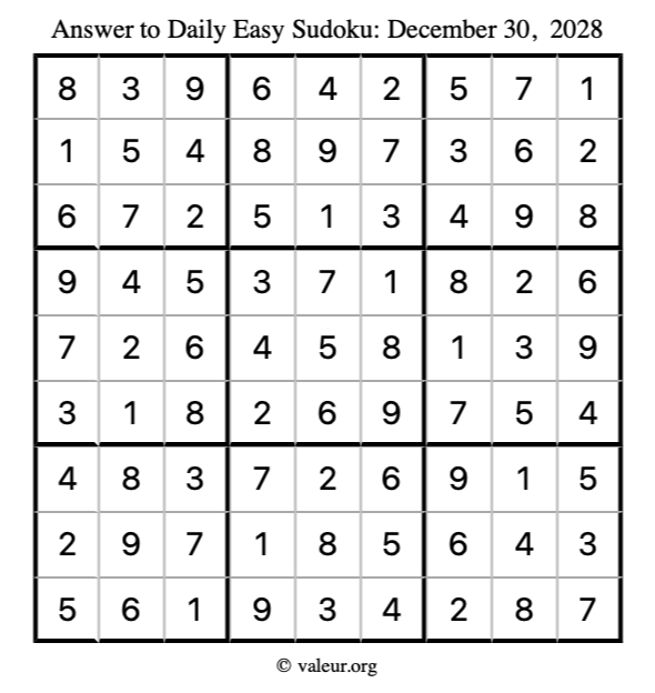 Answer to easy sudoku December 30, 2028