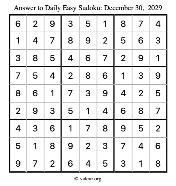 Answer to easy sudoku December 30, 2029