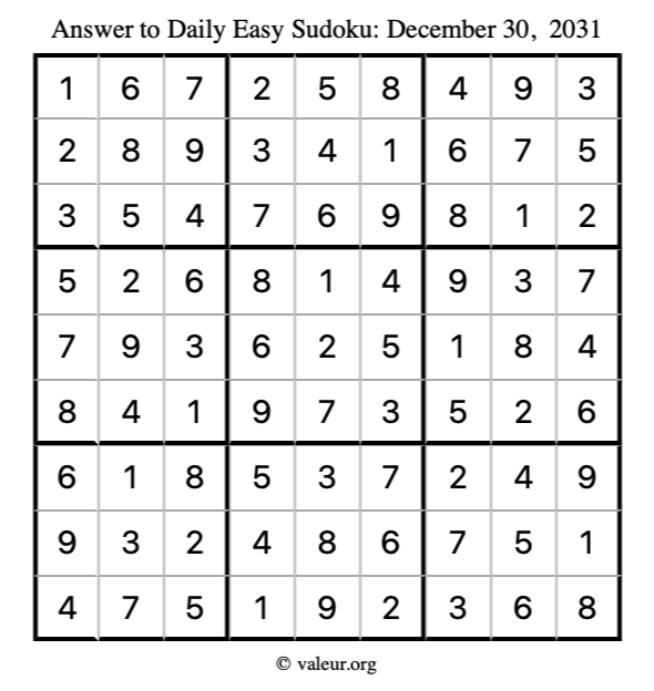 Answer to easy sudoku December 30, 2031