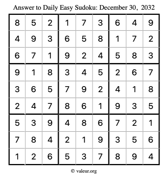 Answer to easy sudoku December 30, 2032
