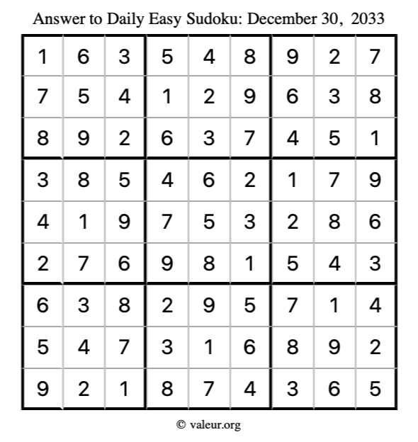 Answer to easy sudoku December 30, 2033