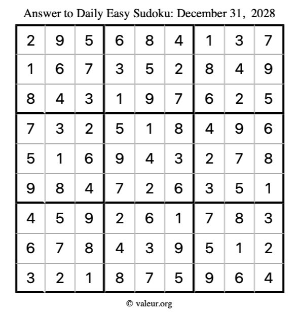 Answer to easy sudoku December 31, 2028