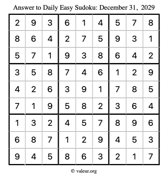 Answer to easy sudoku December 31, 2029