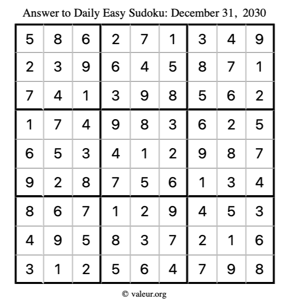 Answer to easy sudoku December 31, 2030