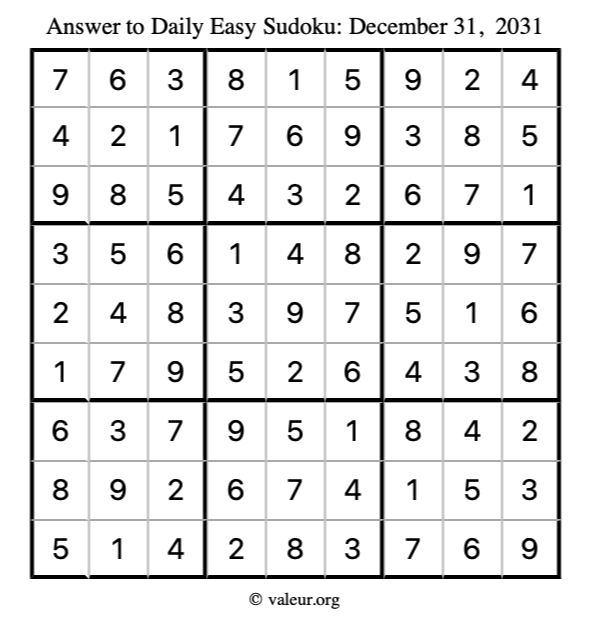 Answer to easy sudoku December 31, 2031
