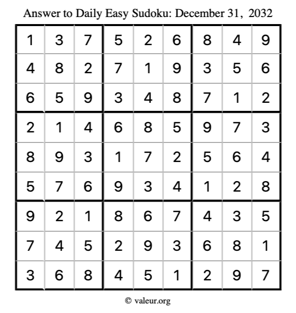 Answer to easy sudoku December 31, 2032