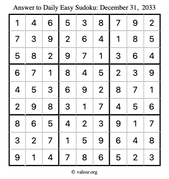 Answer to easy sudoku December 31, 2033