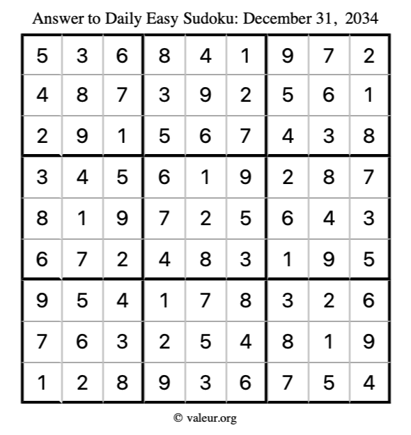 Answer to easy sudoku December 31, 2034