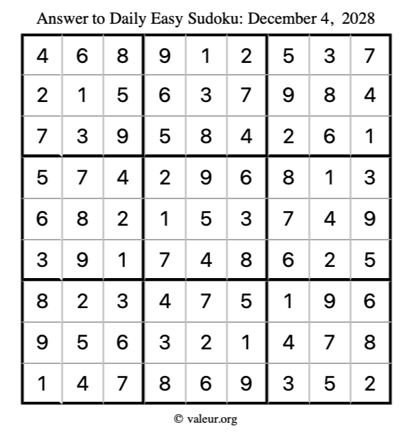 Answer to easy sudoku December 4, 2028