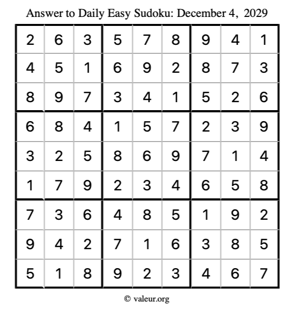 Answer to easy sudoku December 4, 2029