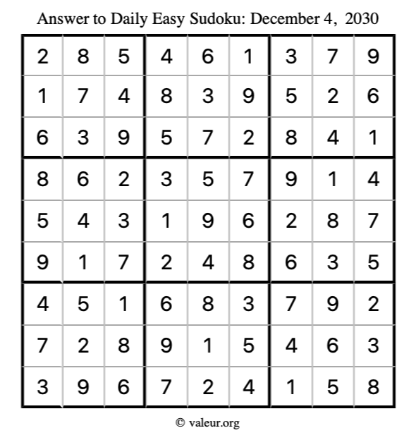 Answer to easy sudoku December 4, 2030
