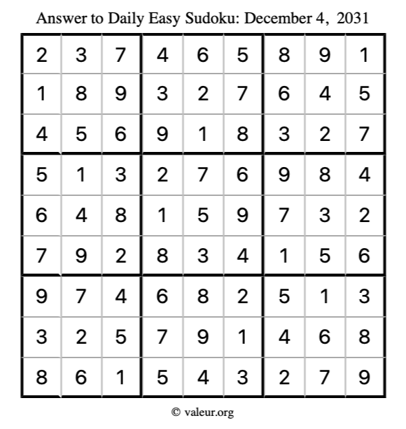 Answer to easy sudoku December 4, 2031