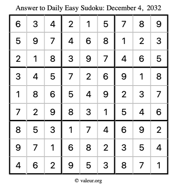 Answer to easy sudoku December 4, 2032