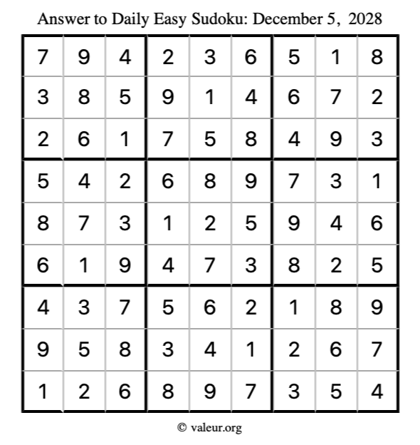 Answer to easy sudoku December 5, 2028