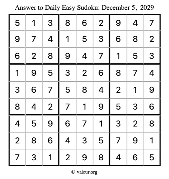 Answer to easy sudoku December 5, 2029