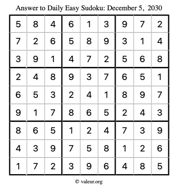Answer to easy sudoku December 5, 2030