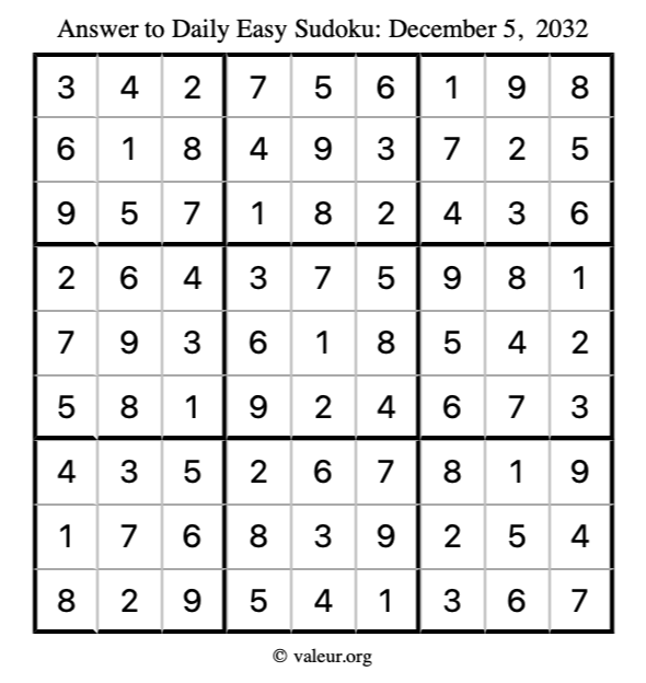 Answer to easy sudoku December 5, 2032