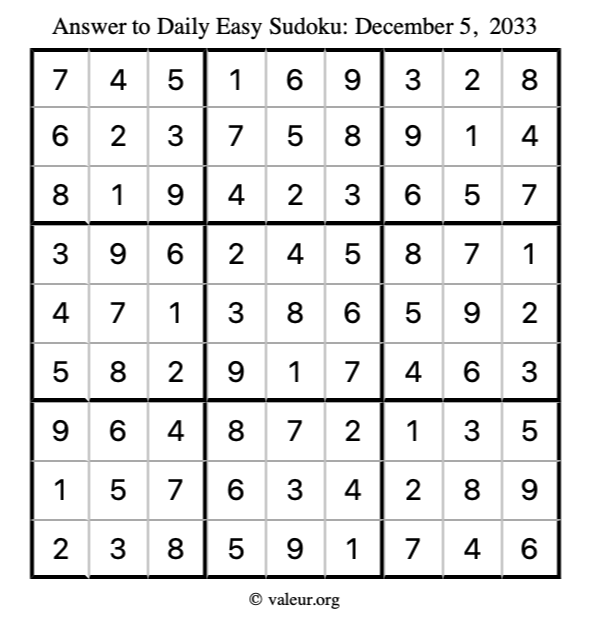 Answer to easy sudoku December 5, 2033