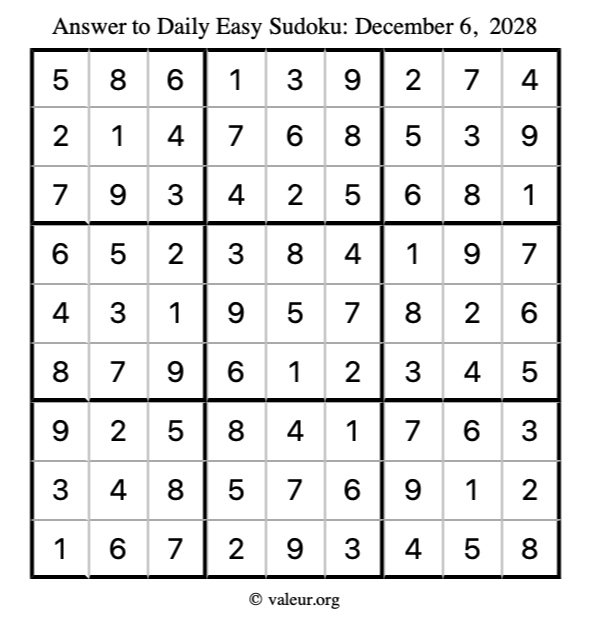 Answer to easy sudoku December 6, 2028