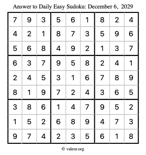 Answer to easy sudoku December 6, 2029