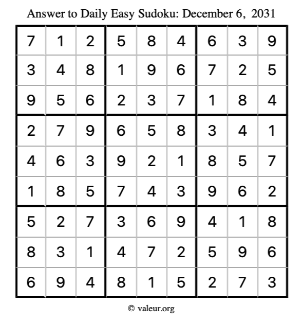 Answer to easy sudoku December 6, 2031