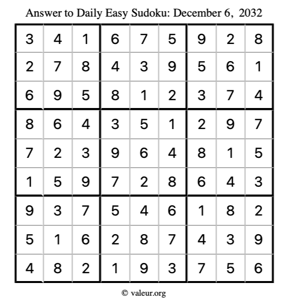 Answer to easy sudoku December 6, 2032