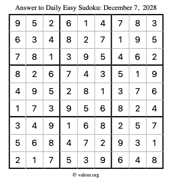 Answer to easy sudoku December 7, 2028