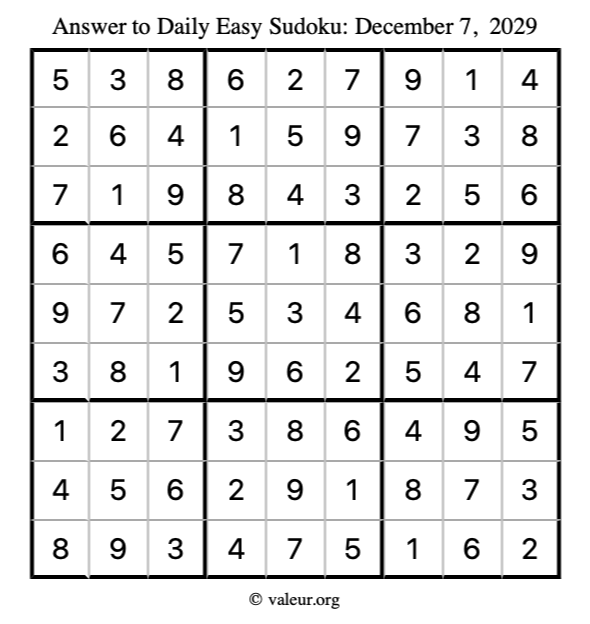 Answer to easy sudoku December 7, 2029
