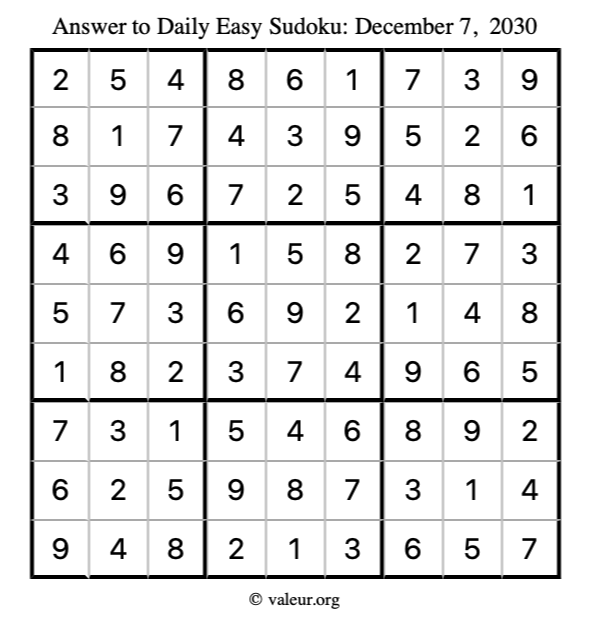 Answer to easy sudoku December 7, 2030