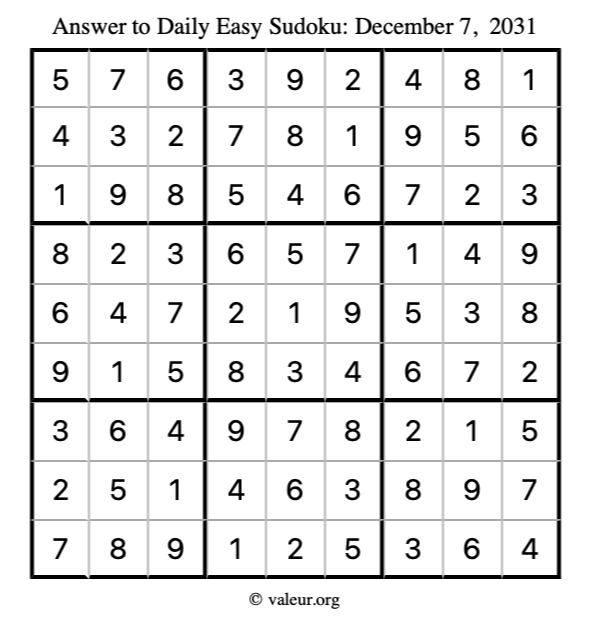 Answer to easy sudoku December 7, 2031