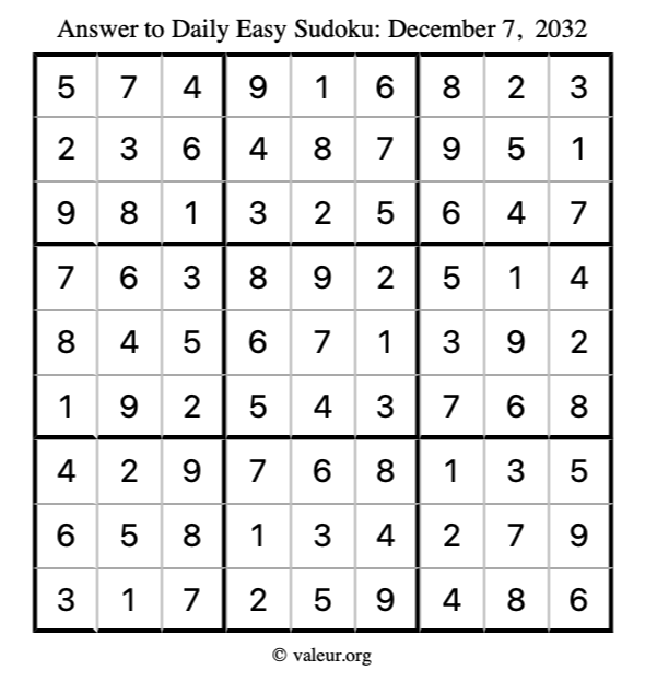 Answer to easy sudoku December 7, 2032