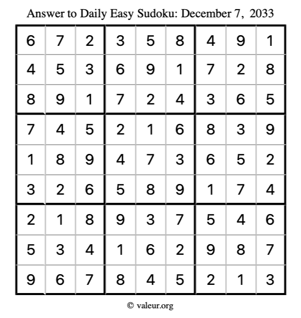 Answer to easy sudoku December 7, 2033