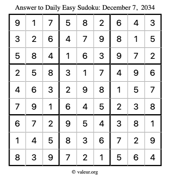 Answer to easy sudoku December 7, 2034